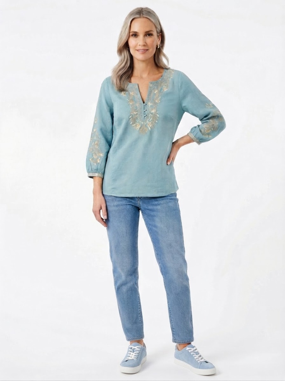 J. Jill  Embroidered Peasant Long Sleeve Blouse Cottagecore